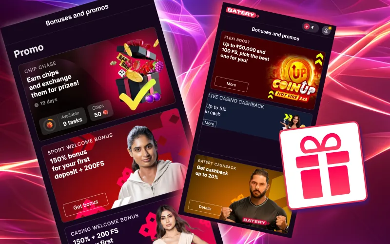 Claim generous bonuses and spins when you join Batery.