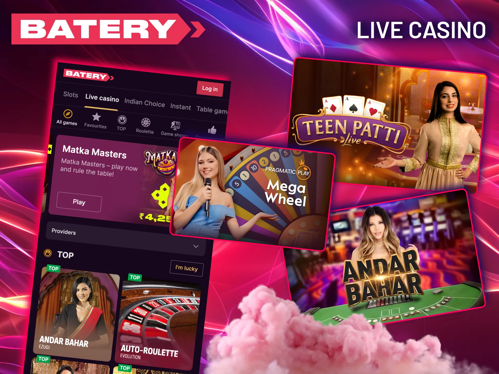 Join themed live games at Batery with regional rules.