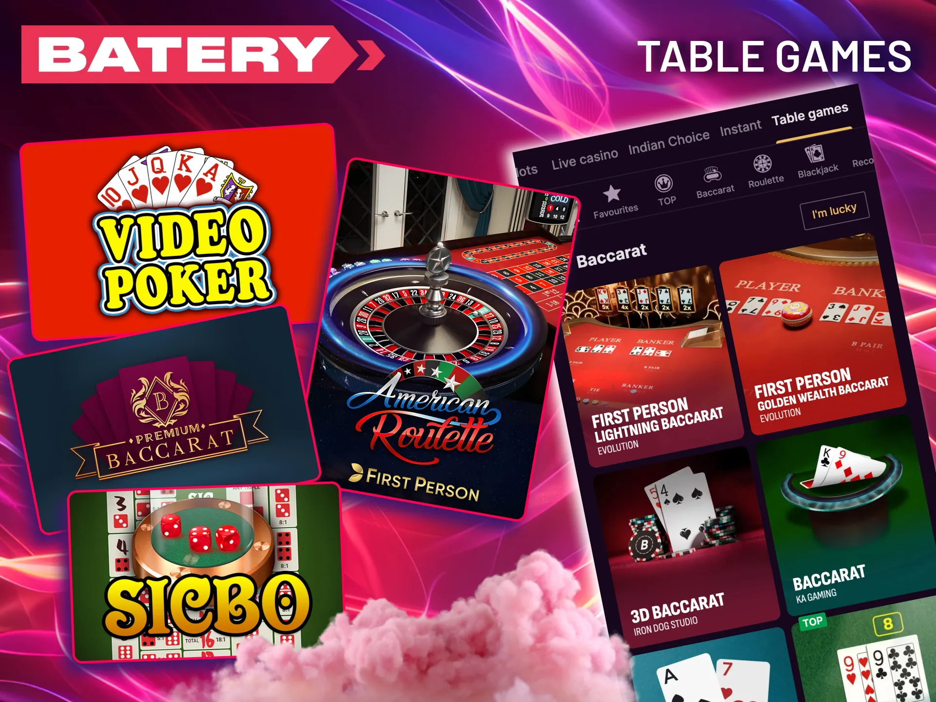 Try roulette, poker, and more at Batery’s table section.